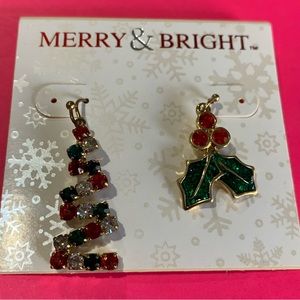 Holiday Ears Mismatch XMAS Tree Gold Tone Drop Earrings